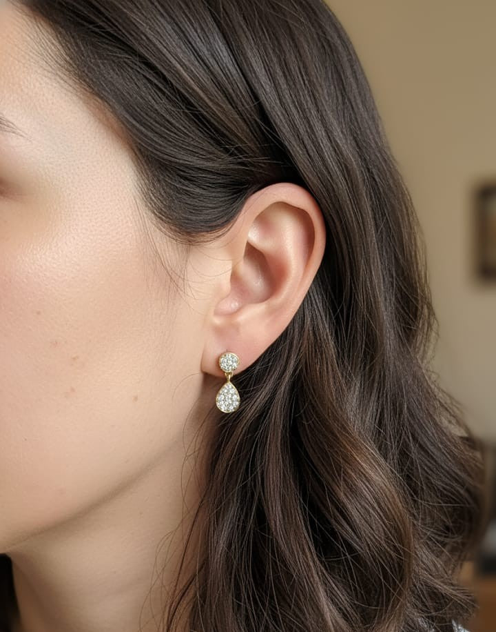 18K yellow gold diamond pavé double drop earrings with round and teardrop design, total 0.25ct