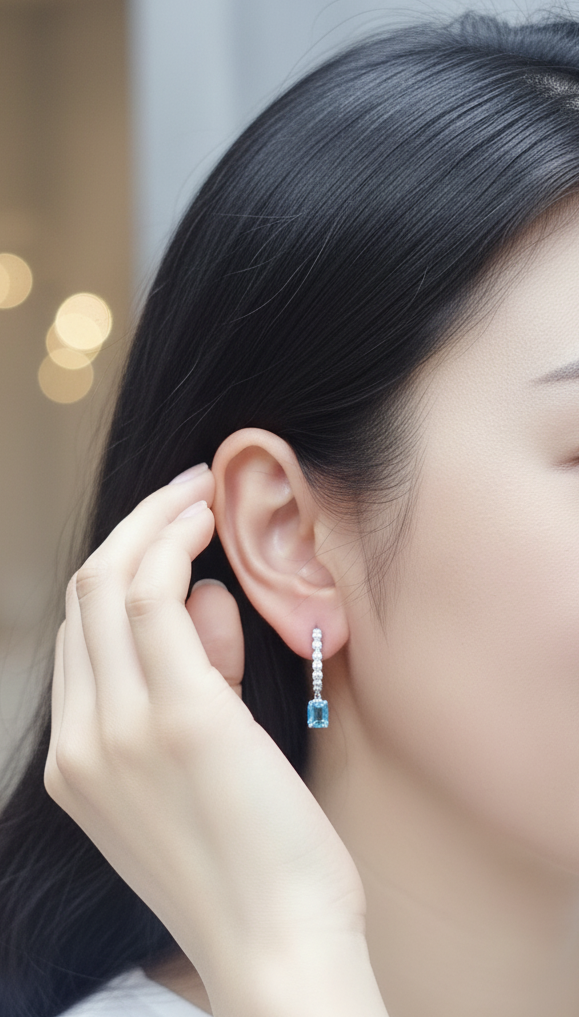 18K white gold dangle earrings with 2.32 ct emerald-cut blue topaz and 0.58 ct round diamonds