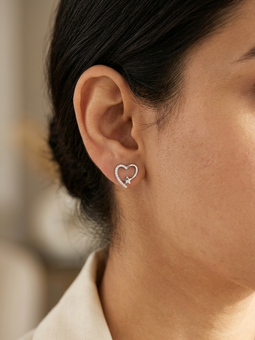18K white gold heart and star diamond earrings featuring 0.11 carat natural diamonds in an elegant open-heart design with butterfly push back closures.