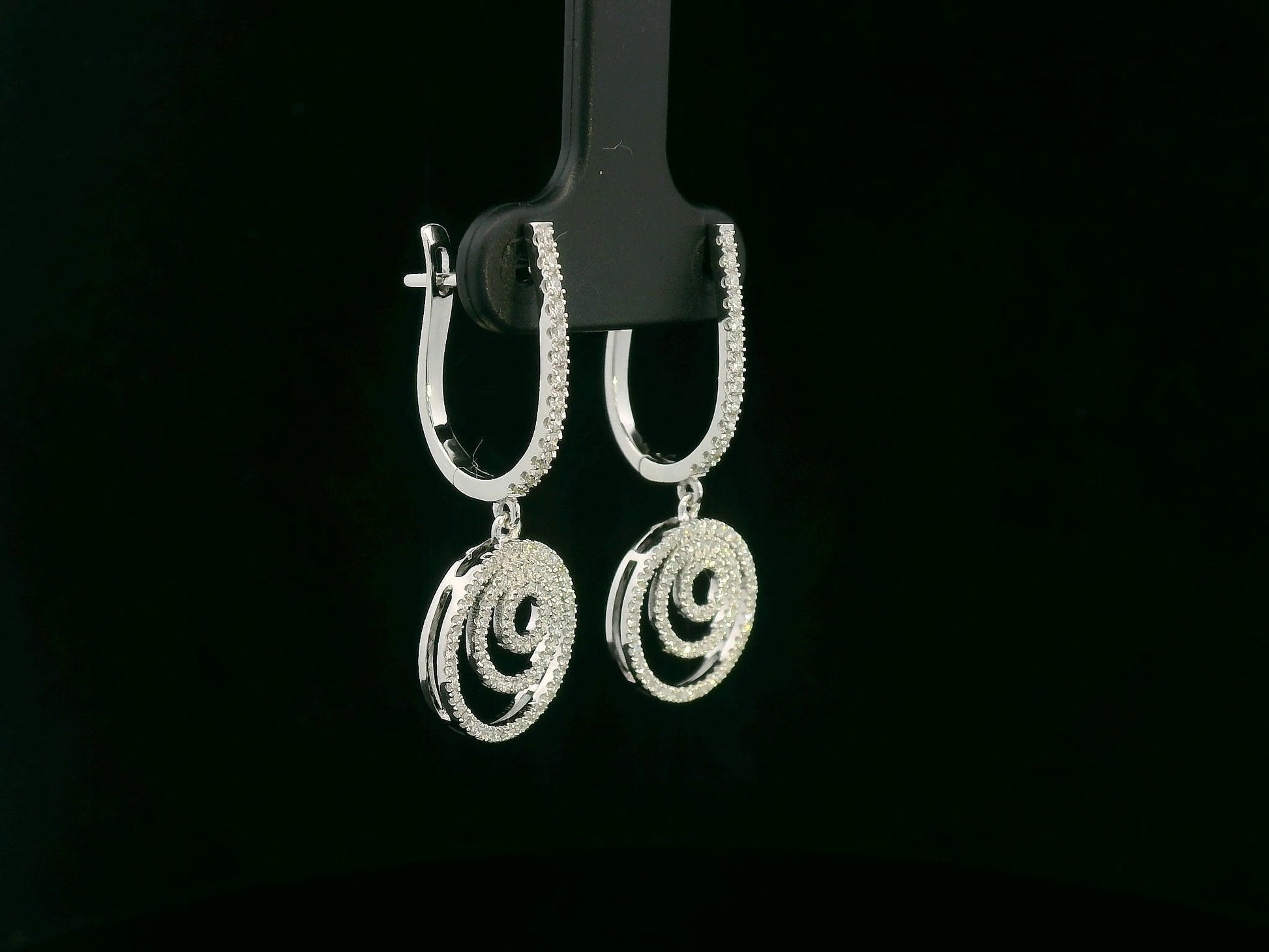 18K white gold diamond spiral drop earrings – 0.73ct pavé-set diamonds, modern fine jewelry by Emirates Diamonds
