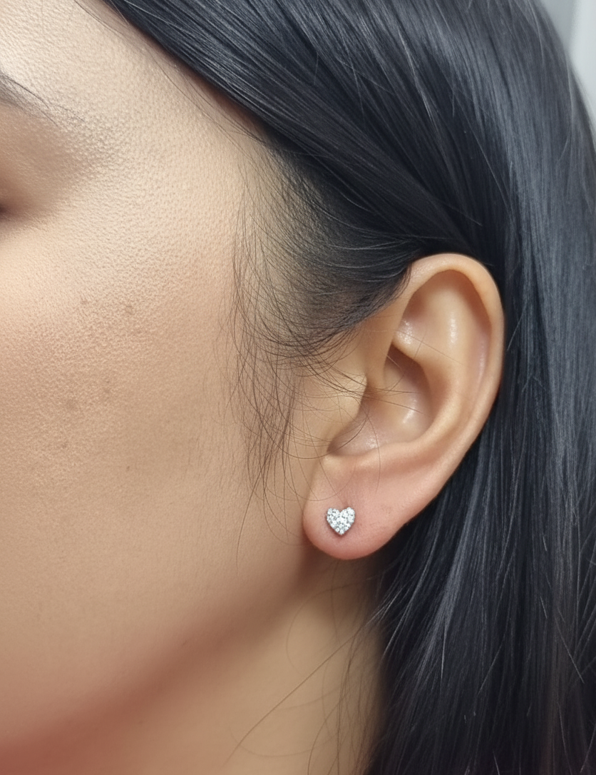 18K white gold diamond heart stud earrings – 0.18ct pavé-set diamonds in heart design, fine jewelry by Emirates Diamonds