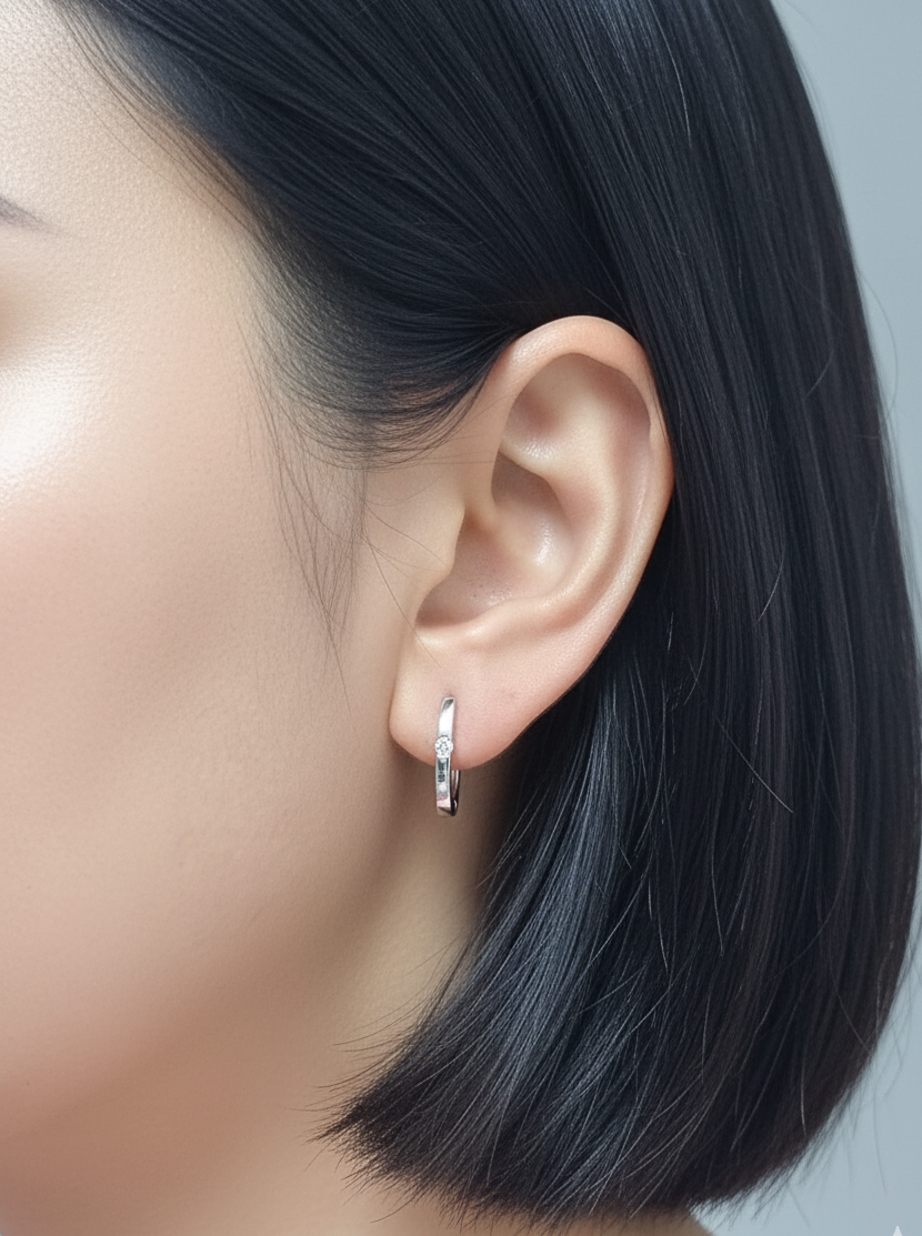 18K white gold diamond huggie hoop earrings with single round diamond, 0.11ct – Emirates Diamonds