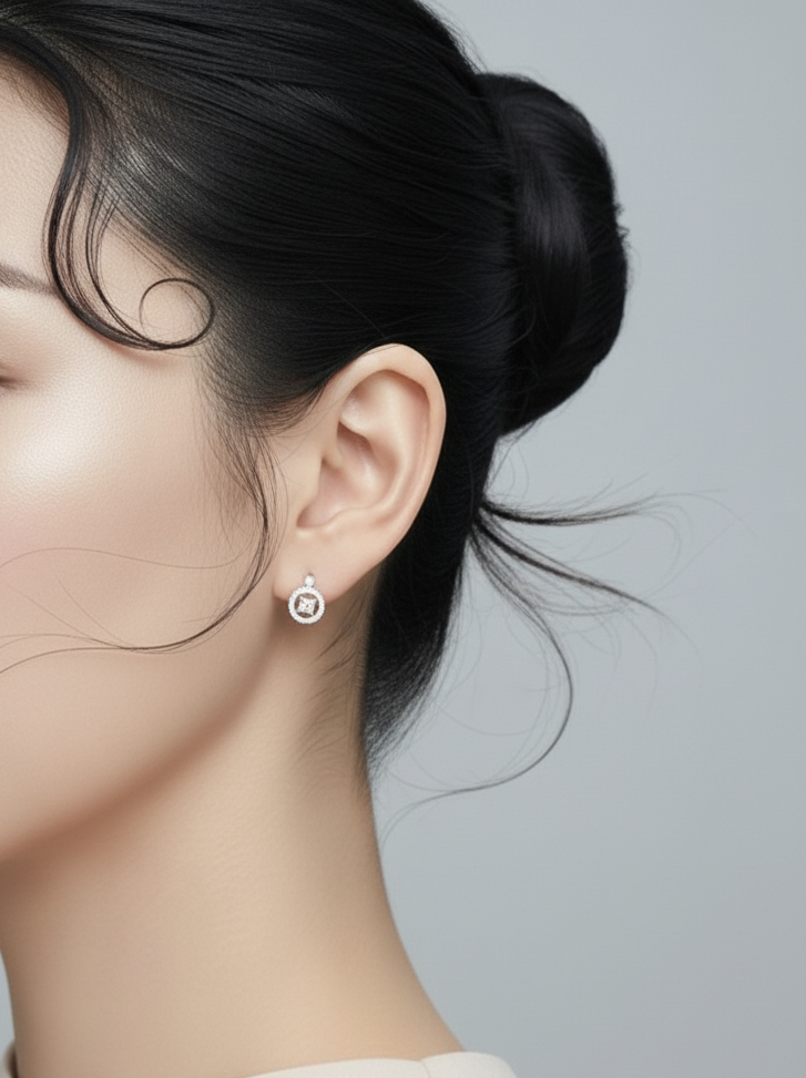 18K white gold diamond halo circle stud earrings with push-back — Emirates Diamonds