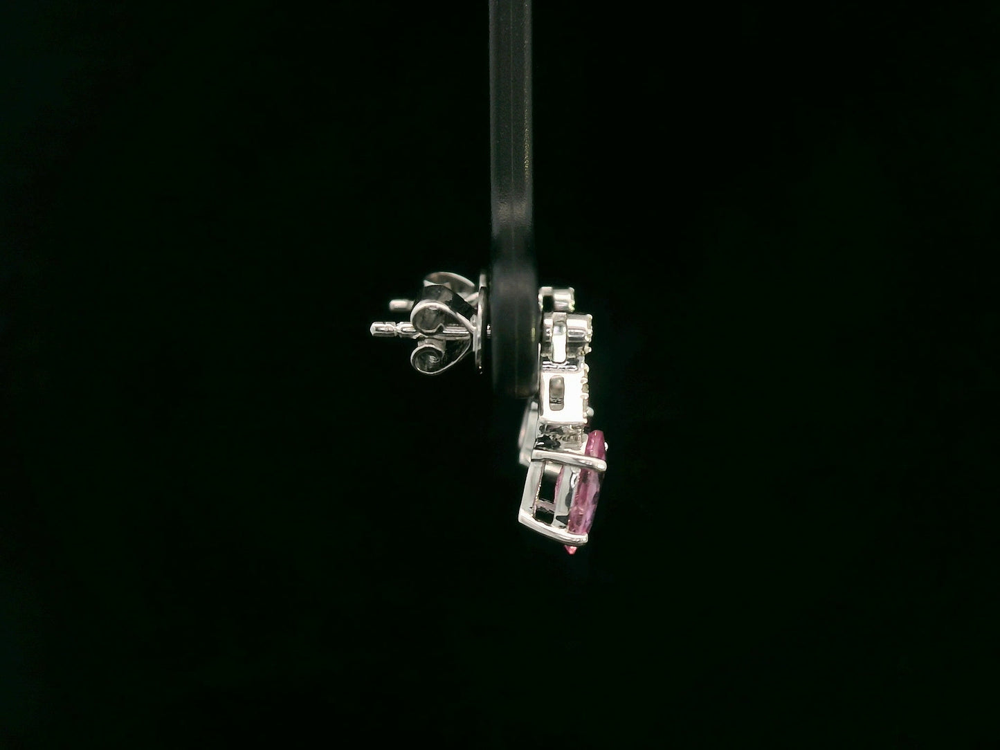 18K white gold pink sapphire and diamond drop earrings – oval pink sapphires with pavé diamond accents, elegant dangling design by Emirates Diamonds.