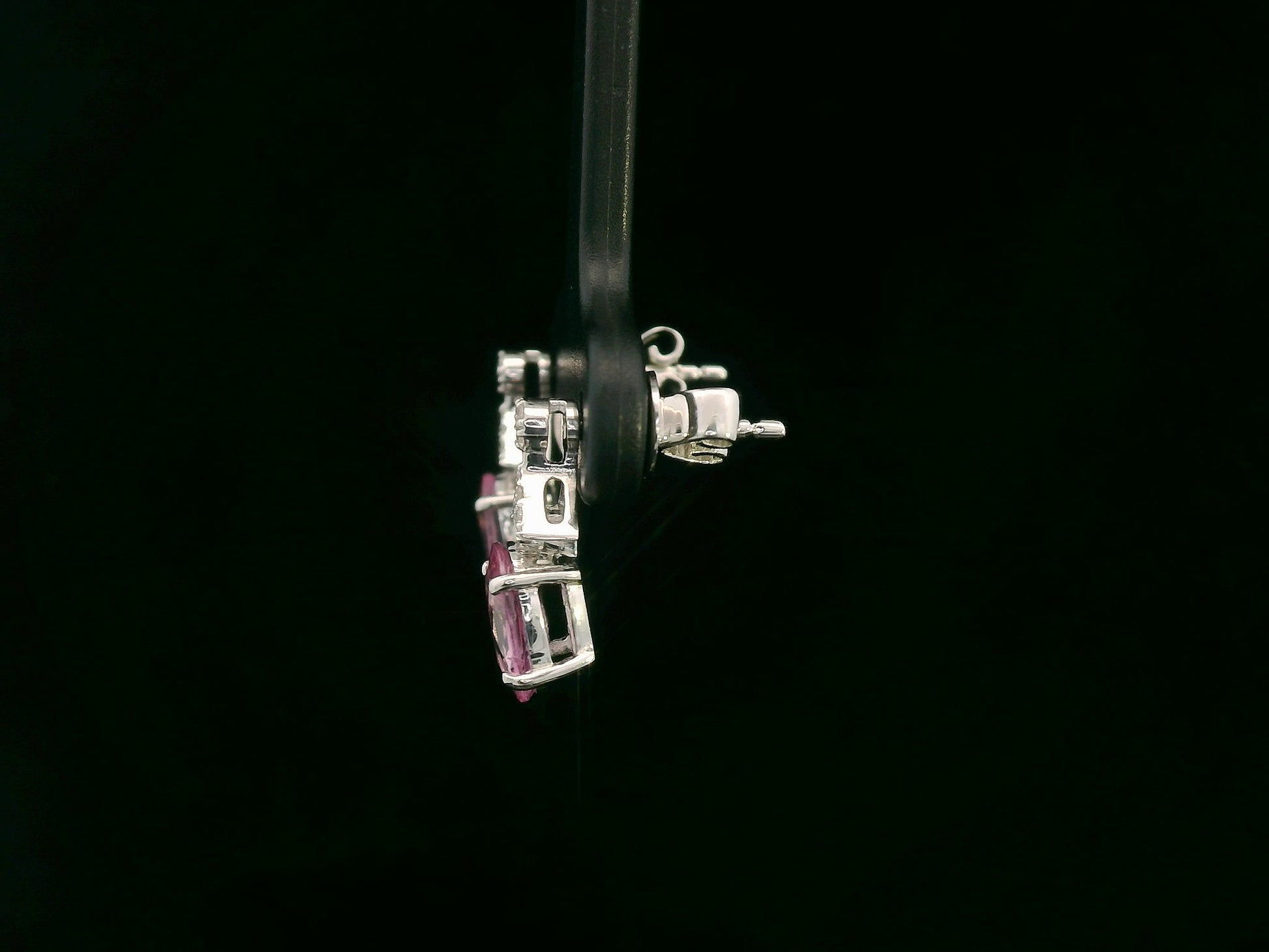 18K white gold pink sapphire and diamond drop earrings – oval pink sapphires with pavé diamond accents, elegant dangling design by Emirates Diamonds.