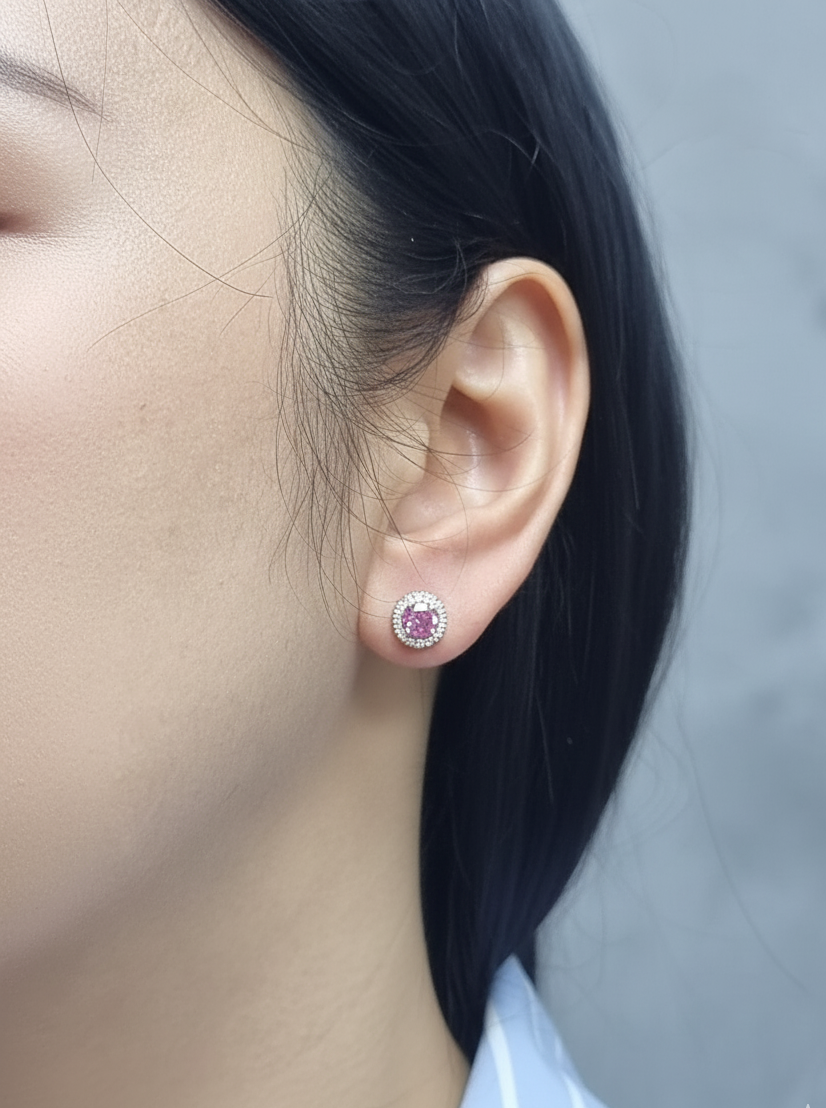 18K yellow gold pink sapphire and diamond halo stud earrings – fine jewelry by Emirates Diamonds