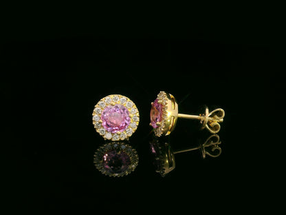 18K yellow gold pink sapphire and diamond halo stud earrings – fine jewelry by Emirates Diamonds