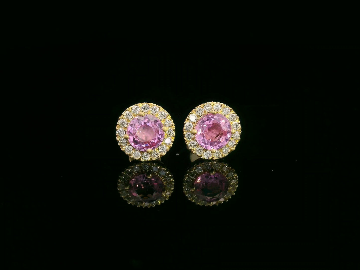 18K yellow gold pink sapphire and diamond halo stud earrings – fine jewelry by Emirates Diamonds