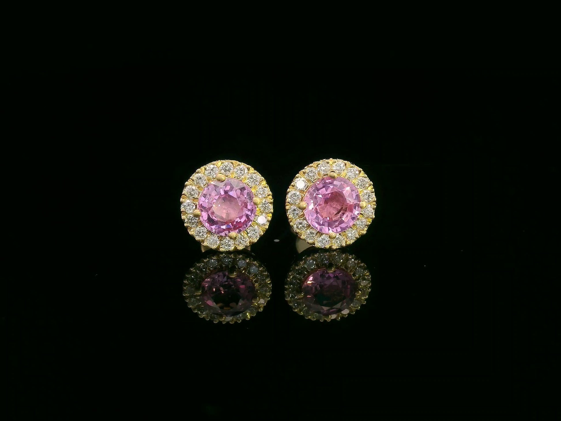 18K yellow gold pink sapphire and diamond halo stud earrings – fine jewelry by Emirates Diamonds