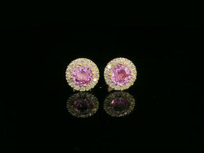 18K yellow gold pink sapphire and diamond halo stud earrings – fine jewelry by Emirates Diamonds
