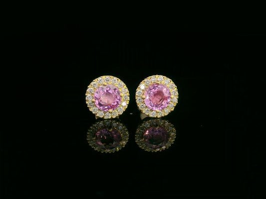 18K yellow gold pink sapphire and diamond halo stud earrings – fine jewelry by Emirates Diamonds