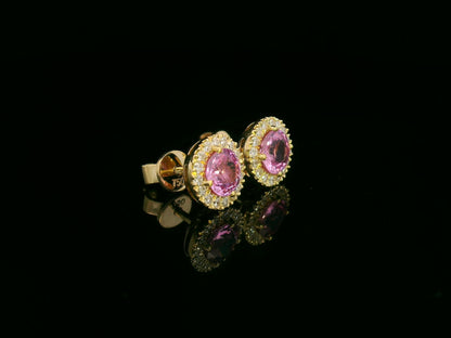 18K yellow gold pink sapphire and diamond halo stud earrings – fine jewelry by Emirates Diamonds