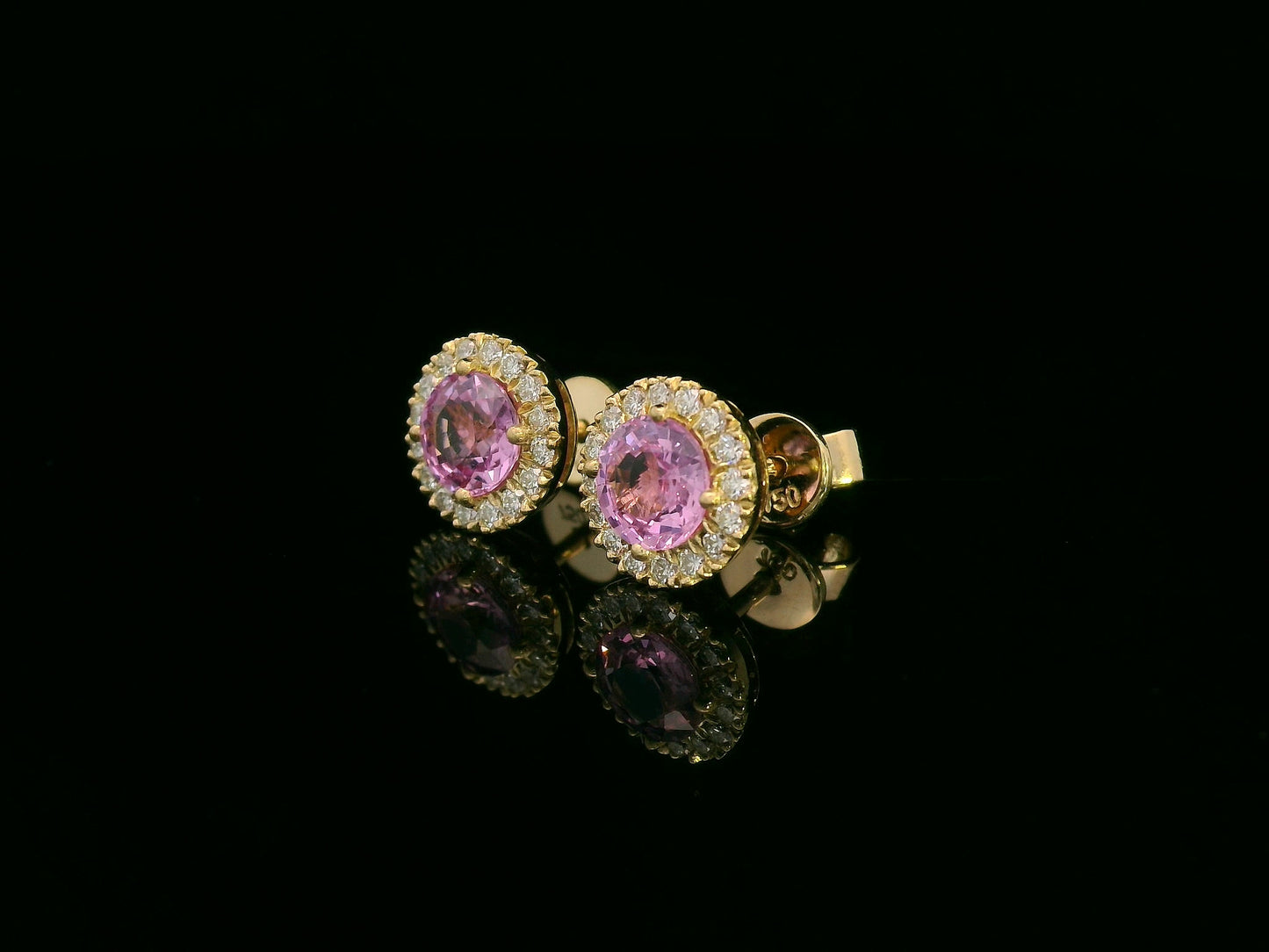 18K yellow gold pink sapphire and diamond halo stud earrings – fine jewelry by Emirates Diamonds