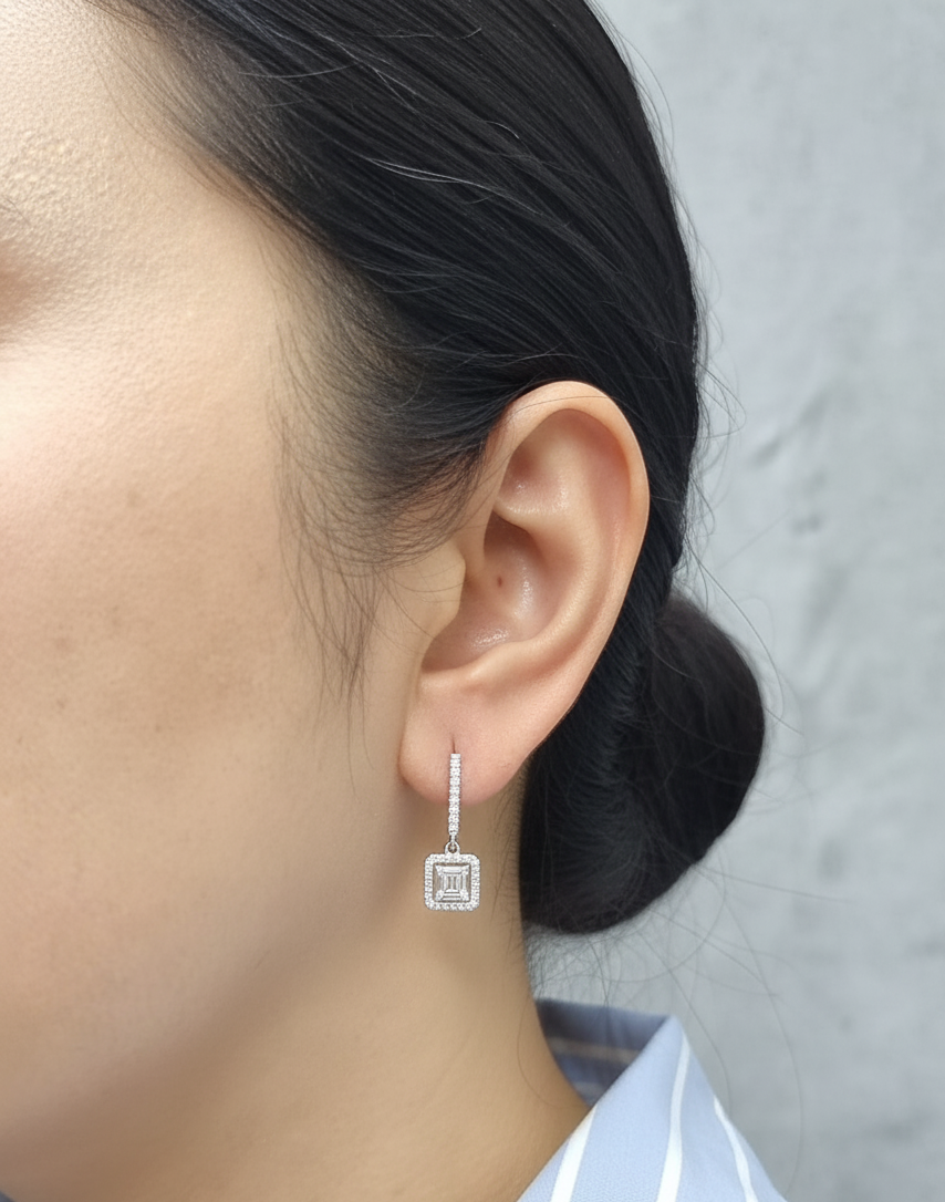 18K white gold baguette diamond drop earrings with halo — Emirates Diamonds