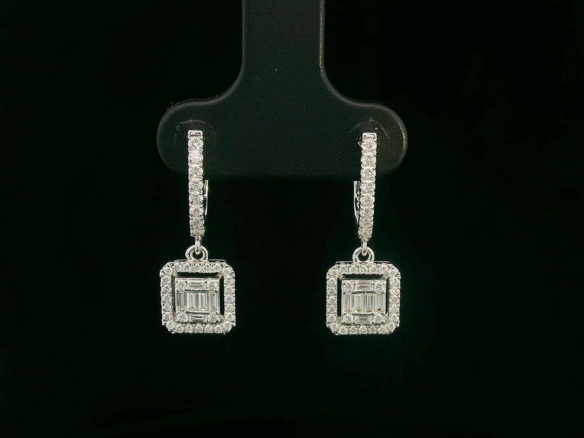 18K white gold baguette diamond drop earrings with halo — Emirates Diamonds