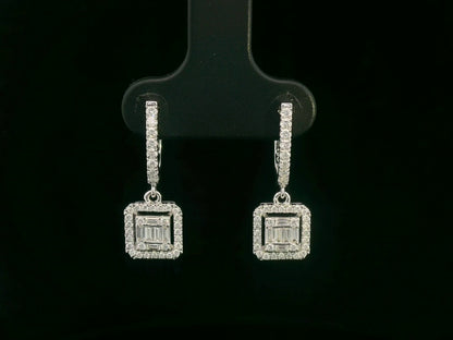 18K white gold baguette diamond drop earrings with halo — Emirates Diamonds
