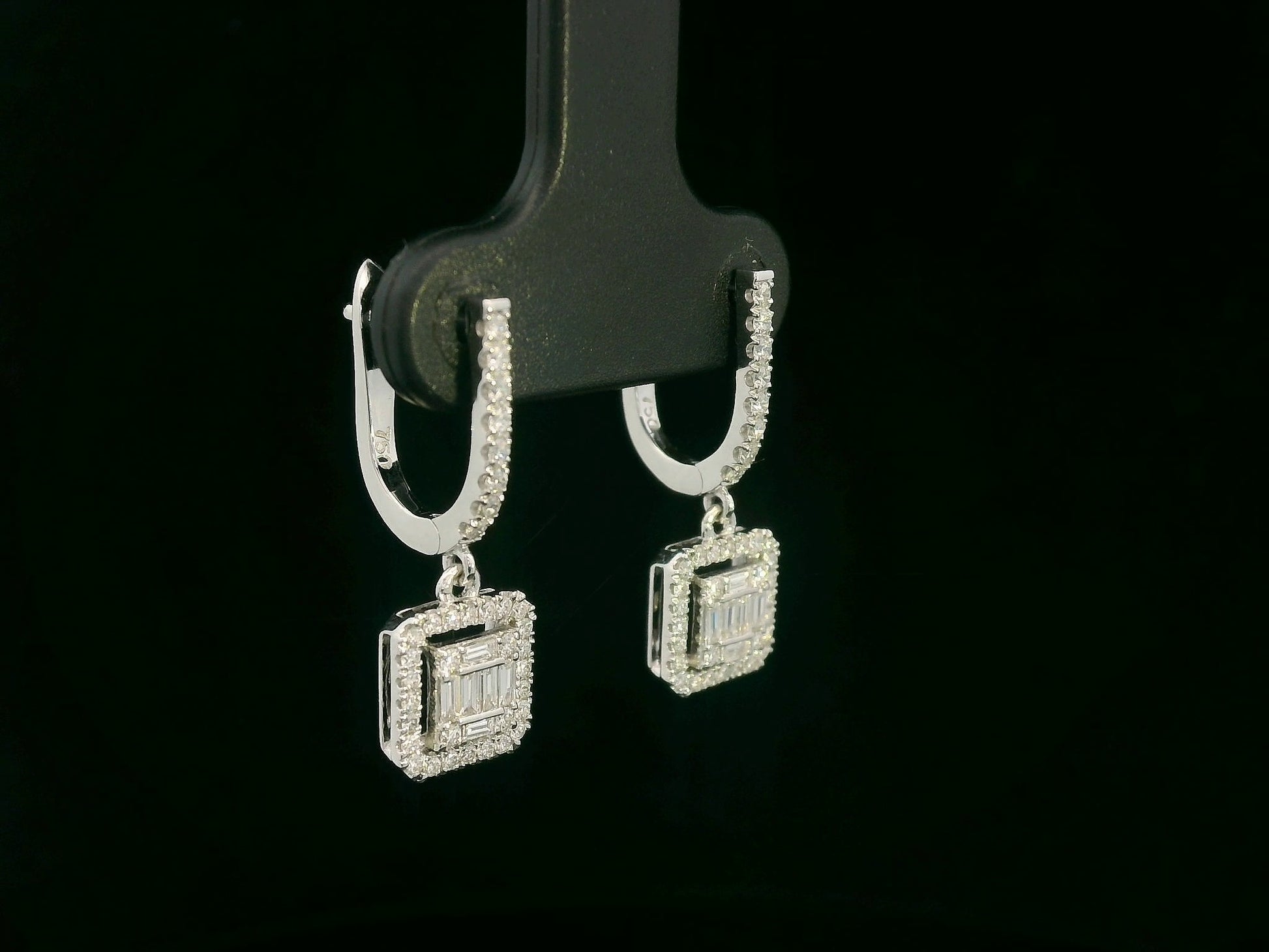 18K white gold baguette diamond drop earrings with halo — Emirates Diamonds