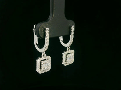 18K white gold baguette diamond drop earrings with halo — Emirates Diamonds