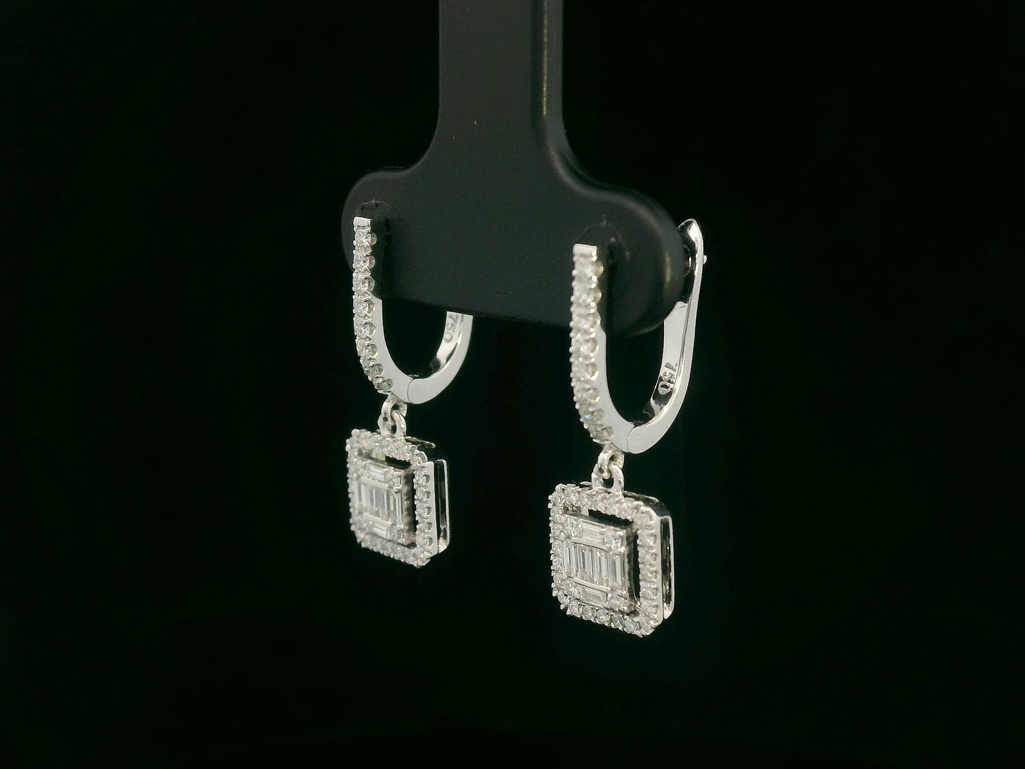18K white gold baguette diamond drop earrings with halo — Emirates Diamonds