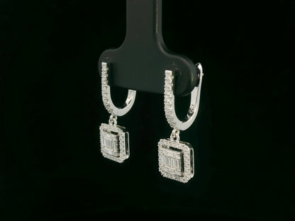18K white gold baguette diamond drop earrings with halo — Emirates Diamonds