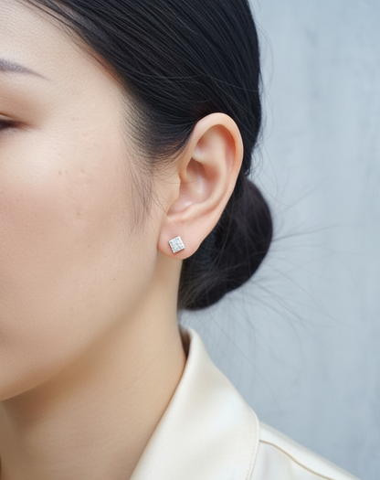 Princess-cut diamond halo stud earrings in 18K white gold — Emirates Diamonds