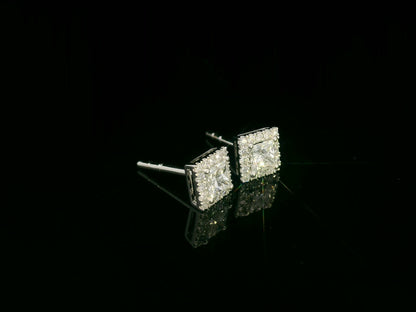Princess-cut diamond halo stud earrings in 18K white gold — Emirates Diamonds