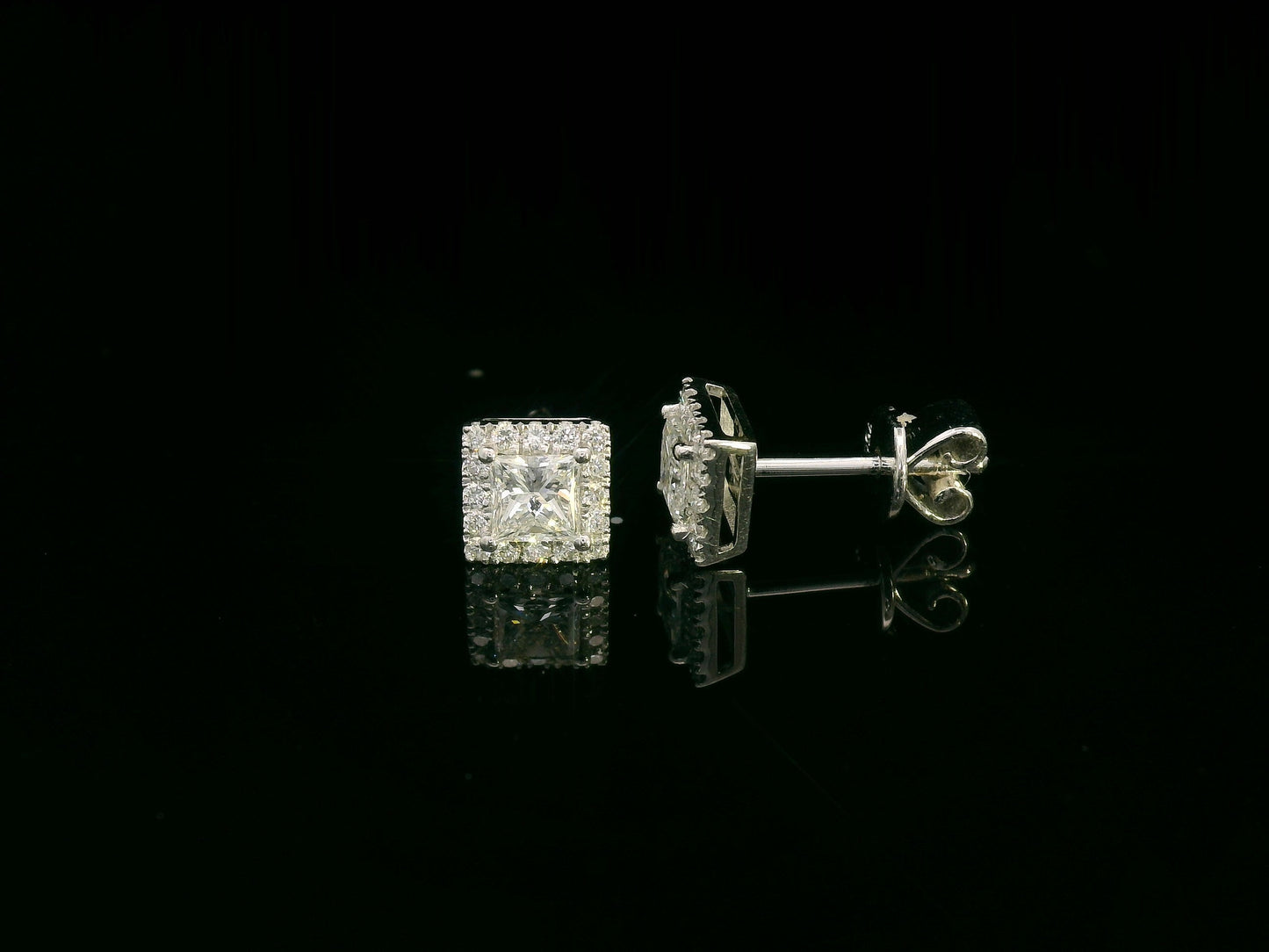 Princess-cut diamond halo stud earrings in 18K white gold — Emirates Diamonds