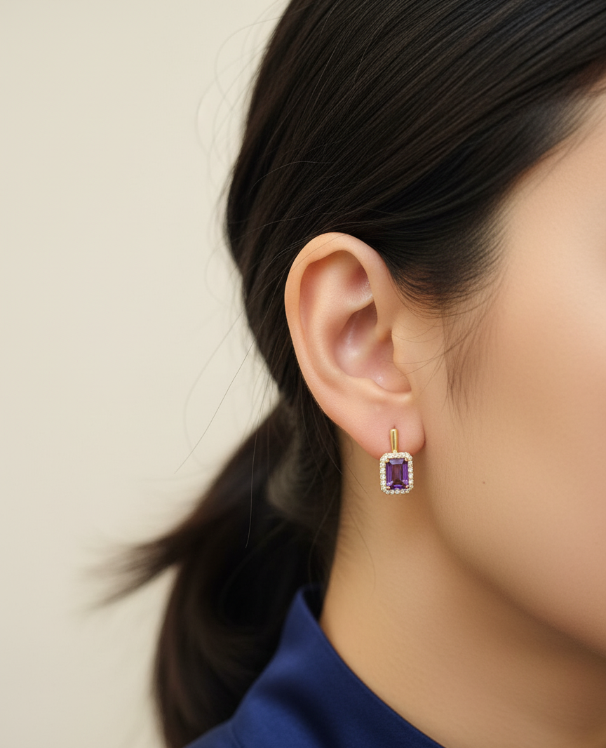 18K white gold amethyst and diamond halo drop earrings — emerald-cut amethyst 2.21ct, diamond accents 0.31ct — Emirates Diamonds