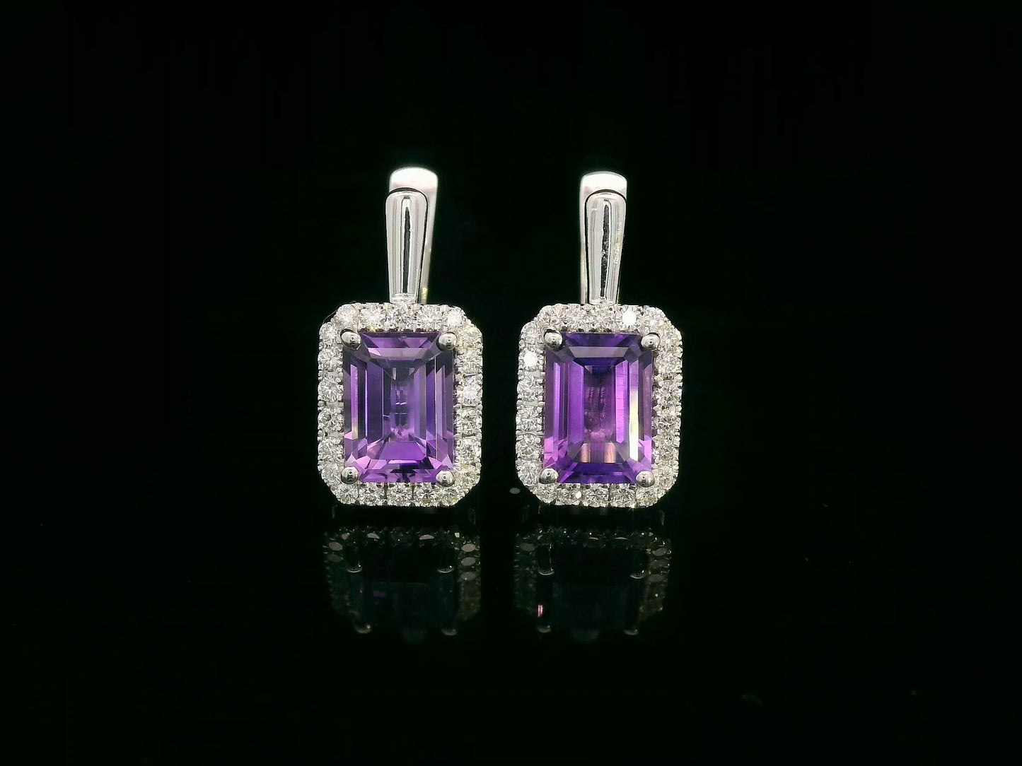 18K white gold amethyst and diamond halo drop earrings — emerald-cut amethyst 2.21ct, diamond accents 0.31ct — Emirates Diamonds