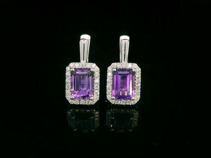 18K white gold amethyst and diamond halo drop earrings — emerald-cut amethyst 2.21ct, diamond accents 0.31ct — Emirates Diamonds