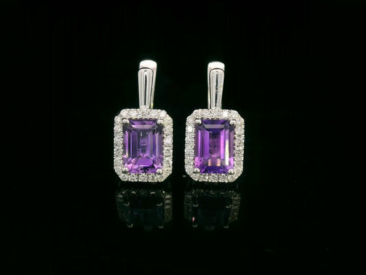 18K white gold amethyst and diamond halo drop earrings — emerald-cut amethyst 2.21ct, diamond accents 0.31ct — Emirates Diamonds