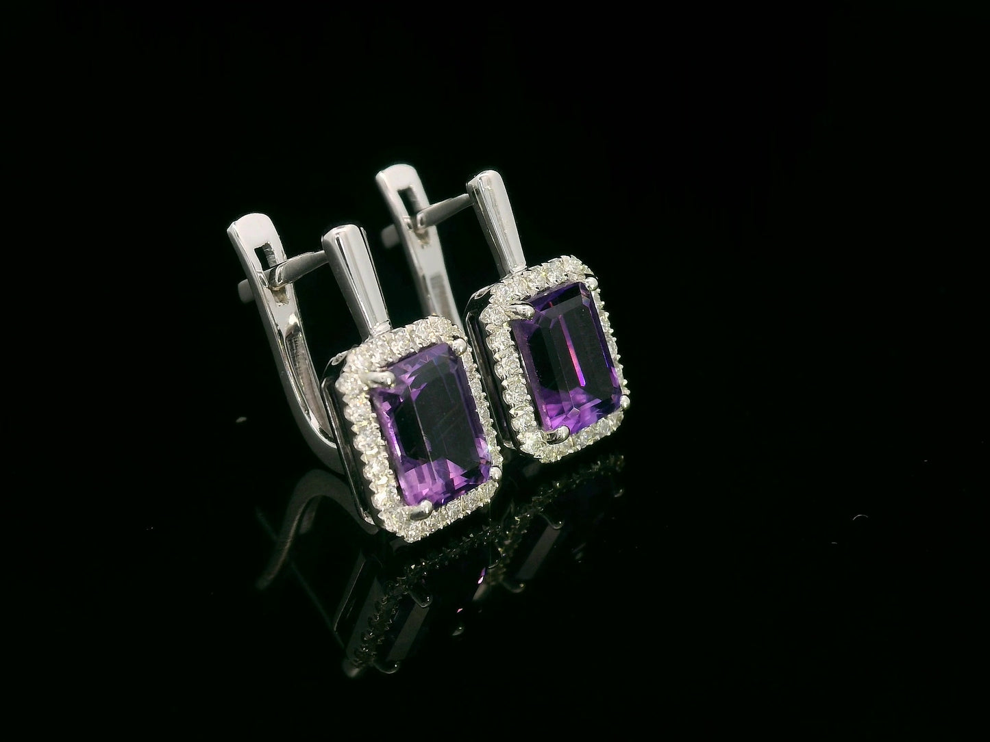 18K white gold amethyst and diamond halo drop earrings — emerald-cut amethyst 2.21ct, diamond accents 0.31ct — Emirates Diamonds