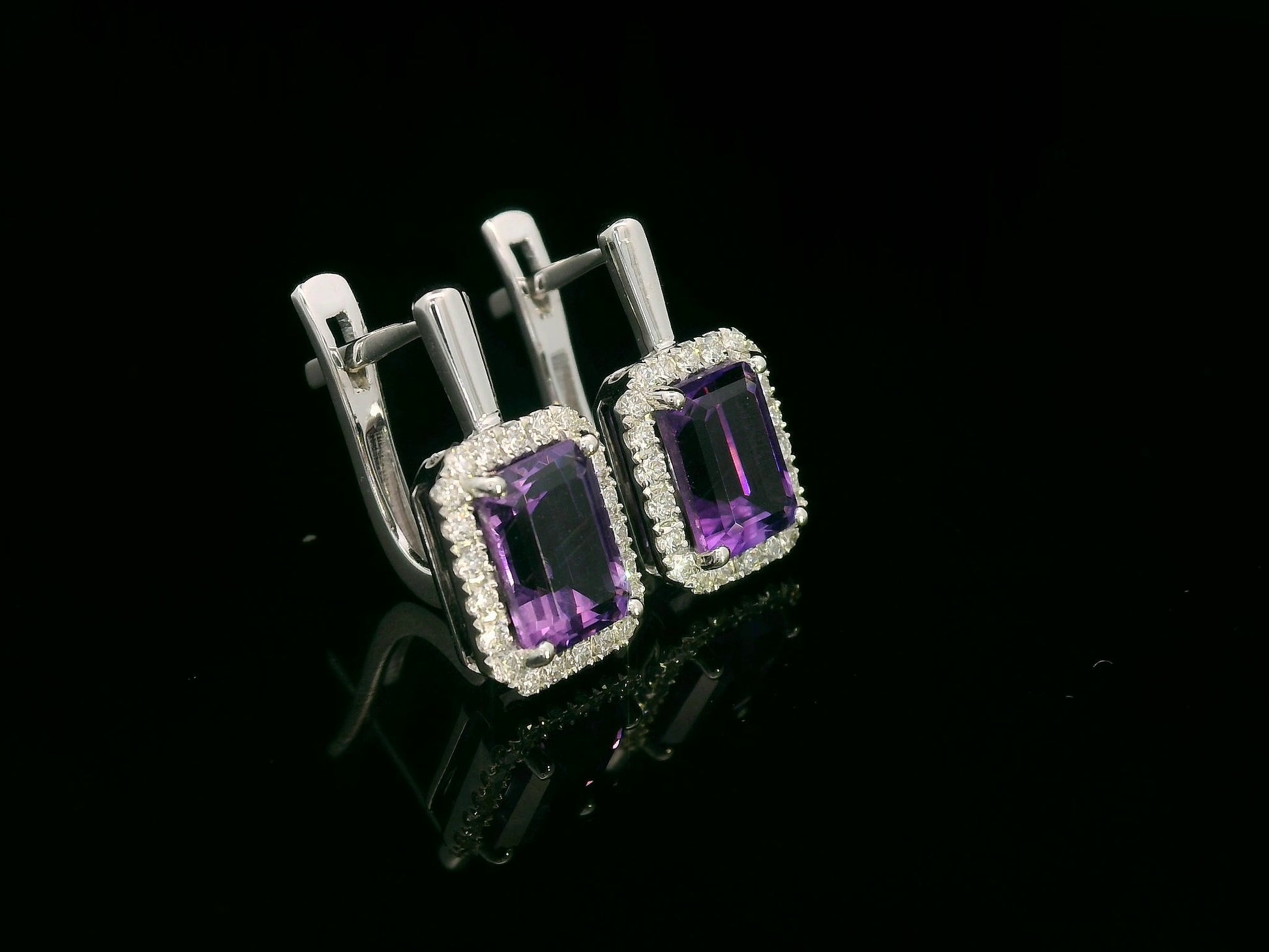 18K white gold amethyst and diamond halo drop earrings — emerald-cut amethyst 2.21ct, diamond accents 0.31ct — Emirates Diamonds