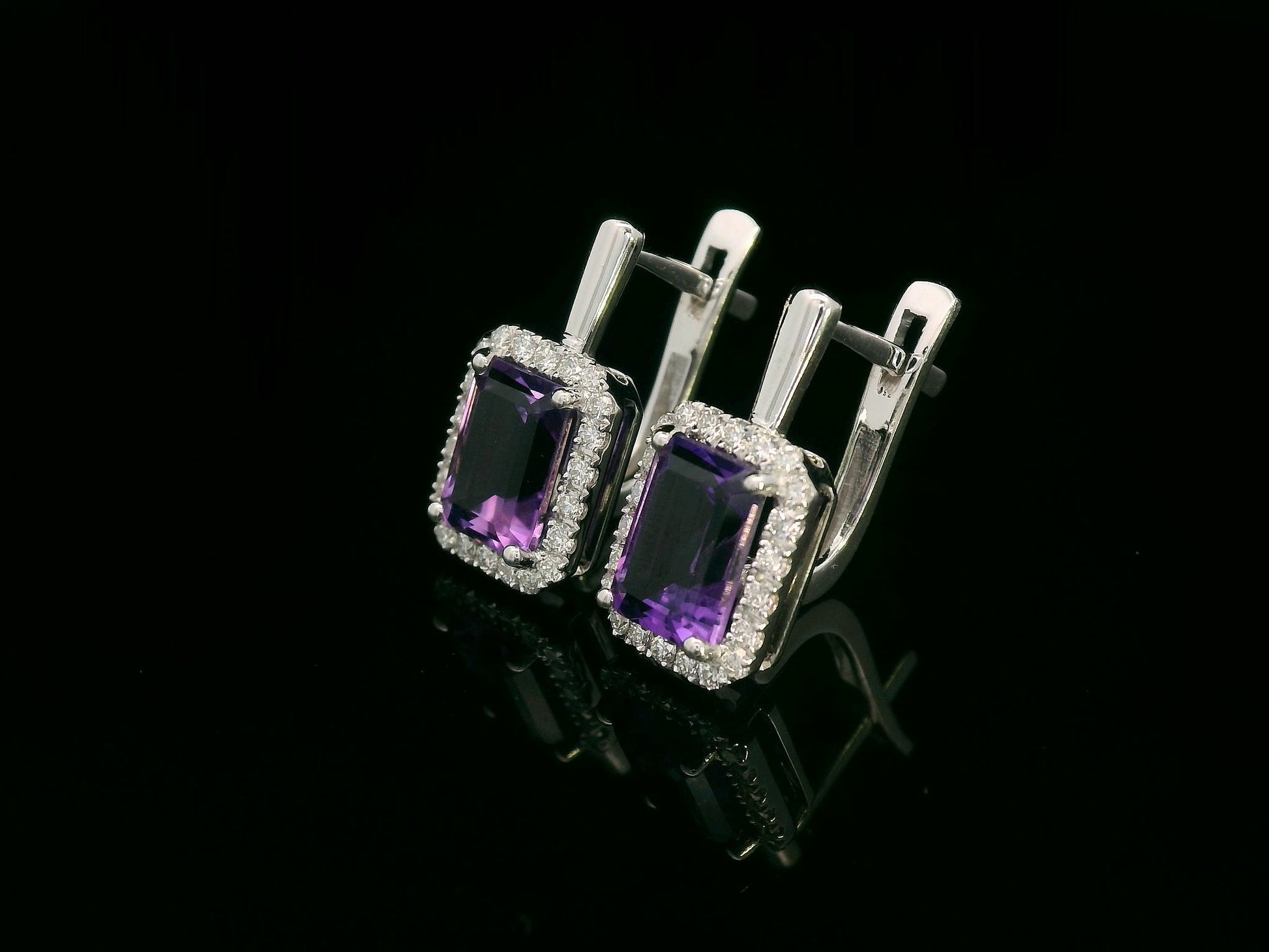 18K white gold amethyst and diamond halo drop earrings — emerald-cut amethyst 2.21ct, diamond accents 0.31ct — Emirates Diamonds