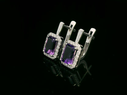 18K white gold amethyst and diamond halo drop earrings — emerald-cut amethyst 2.21ct, diamond accents 0.31ct — Emirates Diamonds