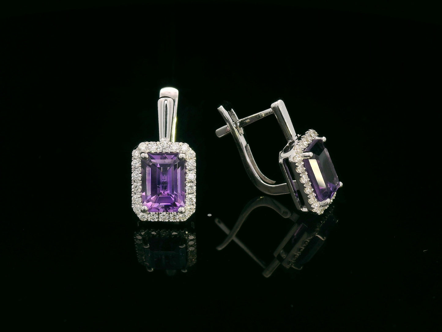 18K white gold amethyst and diamond halo drop earrings — emerald-cut amethyst 2.21ct, diamond accents 0.31ct — Emirates Diamonds