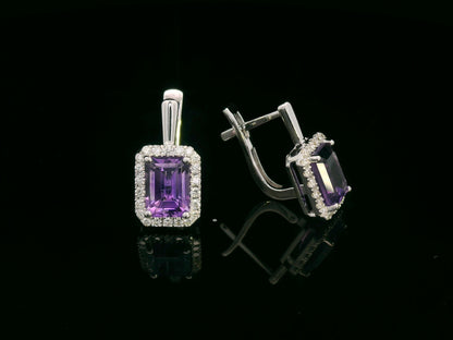 18K white gold amethyst and diamond halo drop earrings — emerald-cut amethyst 2.21ct, diamond accents 0.31ct — Emirates Diamonds