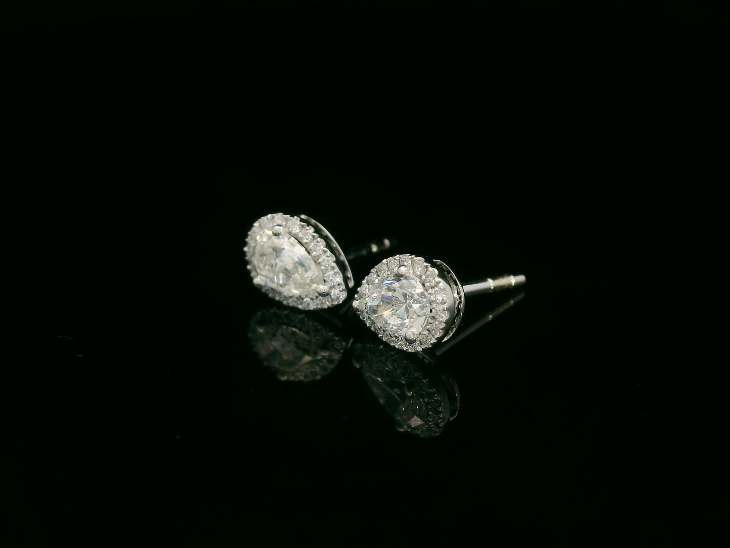 Pear-shaped diamond halo stud earrings in 18K white gold — Emirates Diamonds
