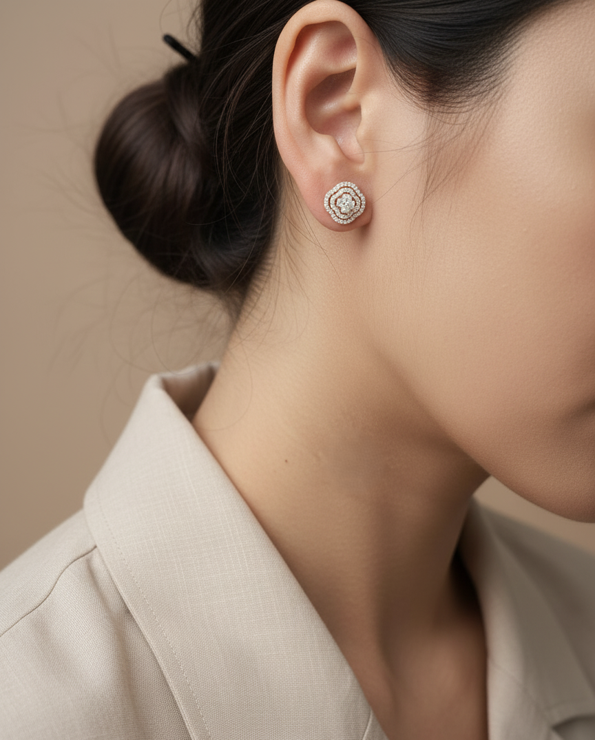 18K yellow gold floral halo diamond stud earrings, matching pendant set, 0.63ct – Emirates Diamonds