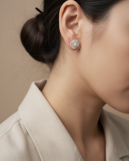 18K yellow gold floral halo diamond stud earrings, matching pendant set, 0.63ct – Emirates Diamonds