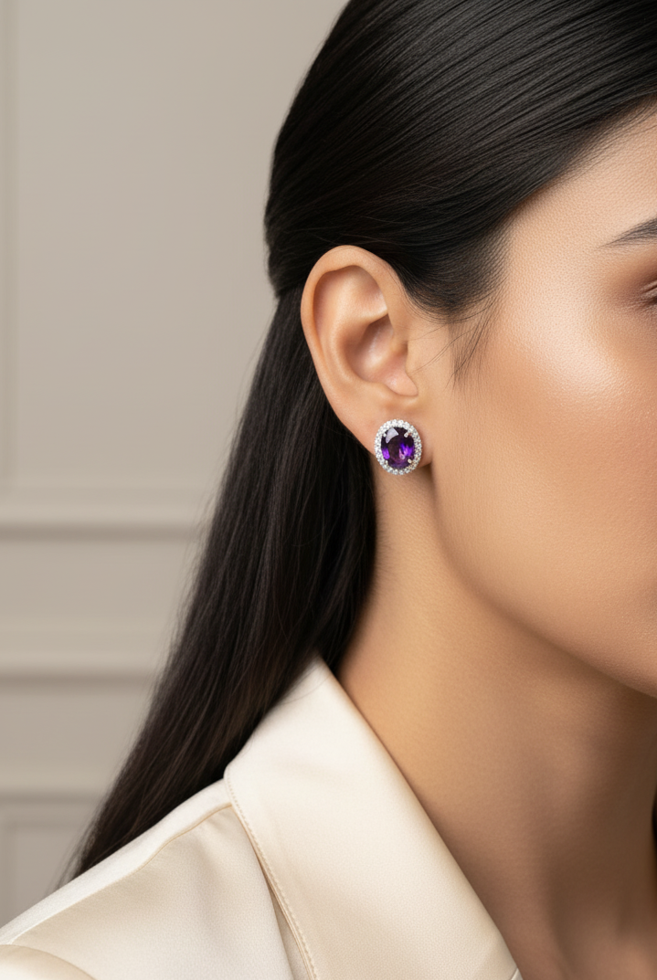 18K white gold amethyst and diamond halo stud earrings – 5.96ct amethyst with 0.32ct diamonds by Emirates Diamonds