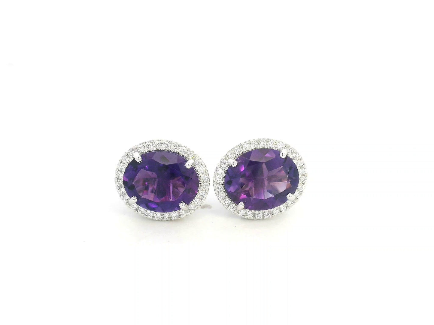 18K white gold amethyst and diamond halo stud earrings – 5.96ct amethyst with 0.32ct diamonds by Emirates Diamonds