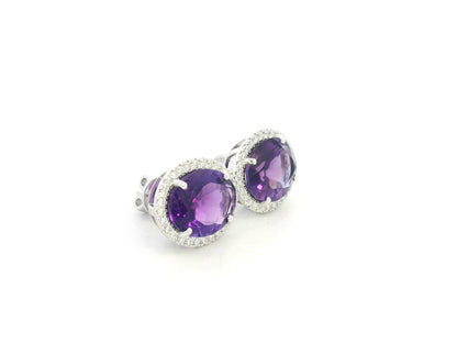 18K white gold amethyst and diamond halo stud earrings – 5.96ct amethyst with 0.32ct diamonds by Emirates Diamonds