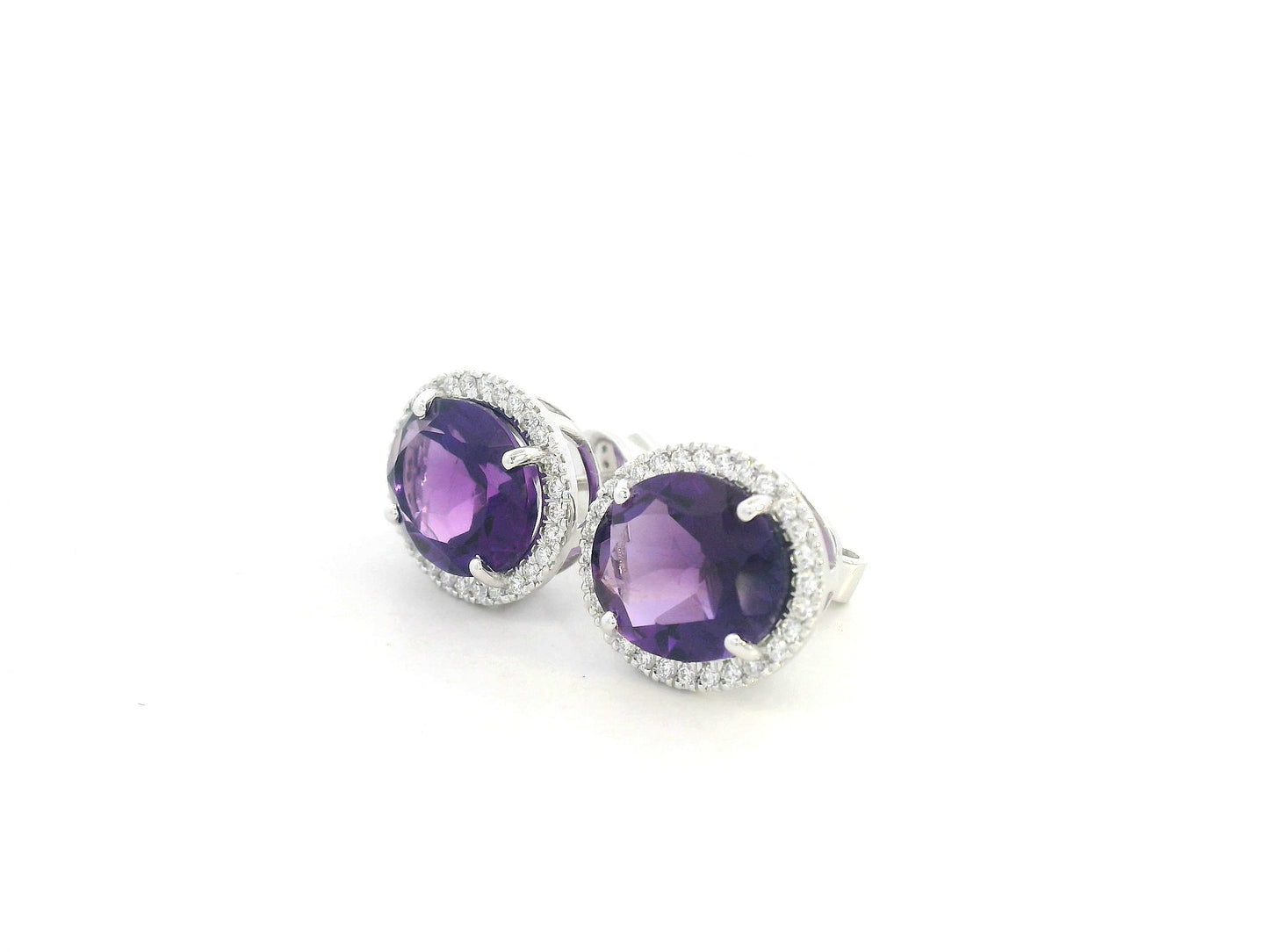 18K white gold amethyst and diamond halo stud earrings – 5.96ct amethyst with 0.32ct diamonds by Emirates Diamonds