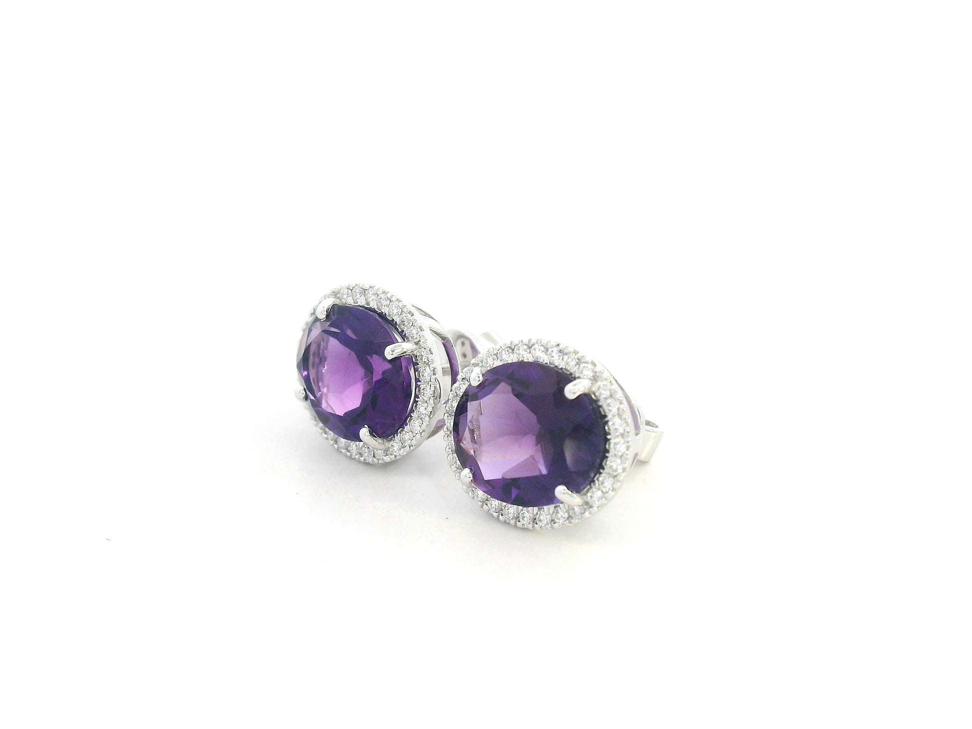 18K white gold amethyst and diamond halo stud earrings – 5.96ct amethyst with 0.32ct diamonds by Emirates Diamonds