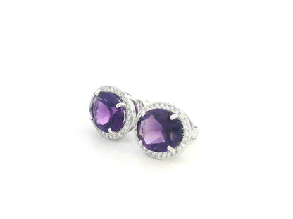 18K white gold amethyst and diamond halo stud earrings – 5.96ct amethyst with 0.32ct diamonds by Emirates Diamonds