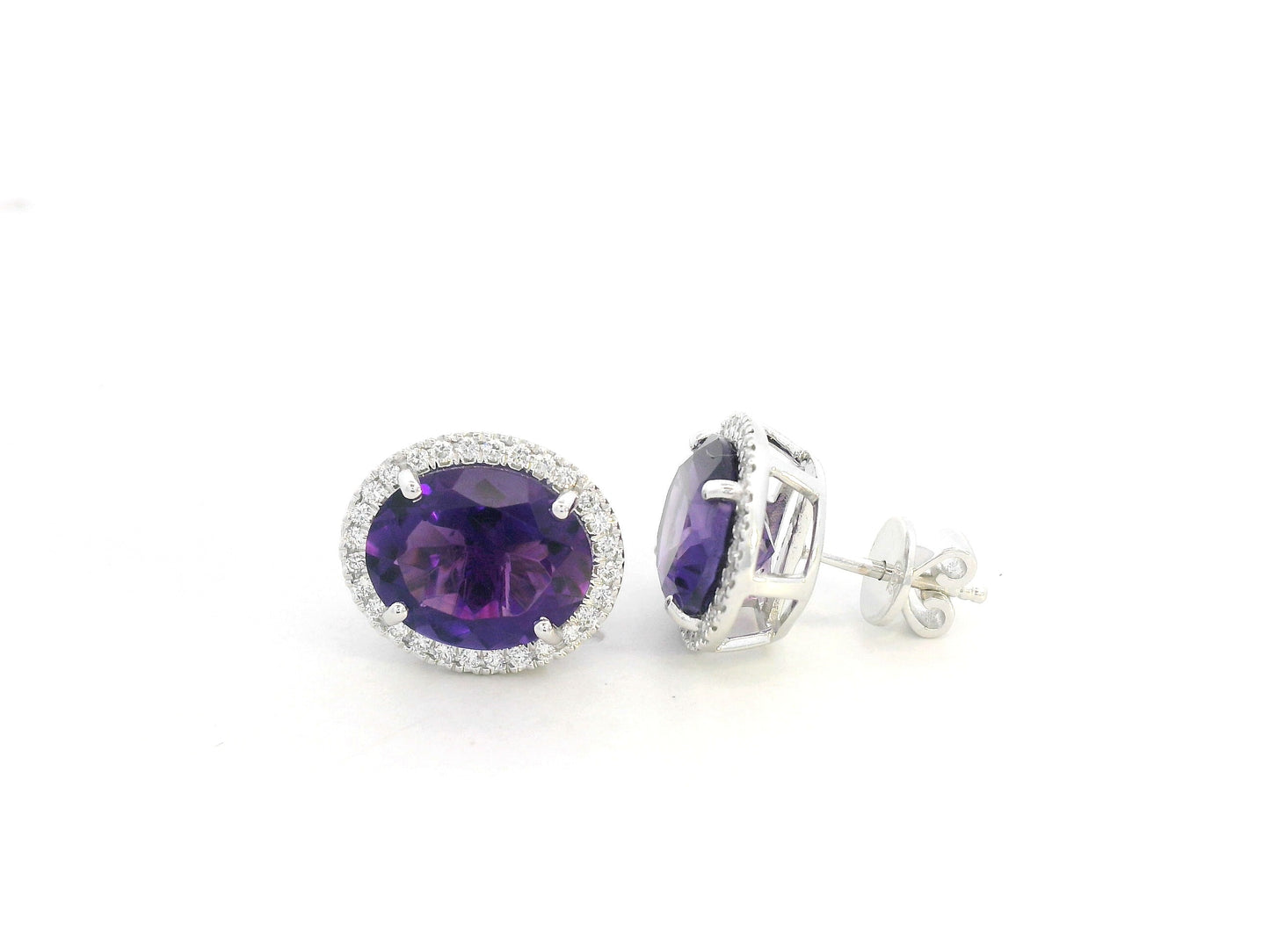 18K white gold amethyst and diamond halo stud earrings – 5.96ct amethyst with 0.32ct diamonds by Emirates Diamonds