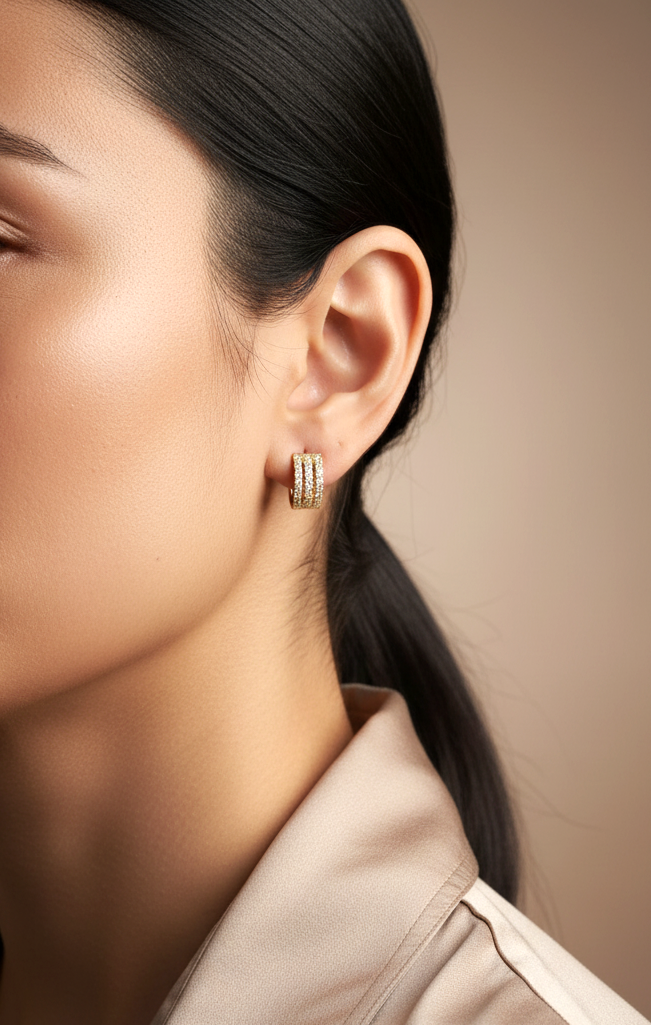 18K yellow gold triple-row diamond hoop earrings – 0.67ct round brilliant diamonds by Emirates Diamonds