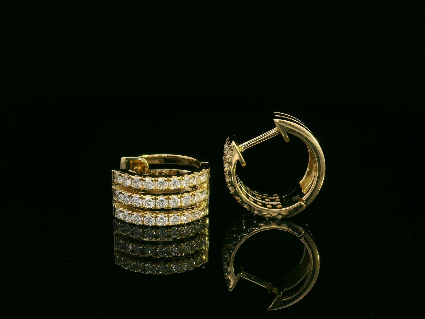 18K yellow gold triple-row diamond hoop earrings – 0.67ct round brilliant diamonds by Emirates Diamonds