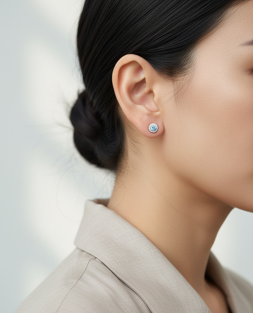 18K white gold aquamarine and diamond halo stud earrings, 0.48ct aquamarine and 0.13ct diamonds – Emirates Diamonds